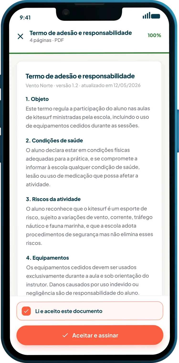 Student reading and signing the enrolment agreement in the app