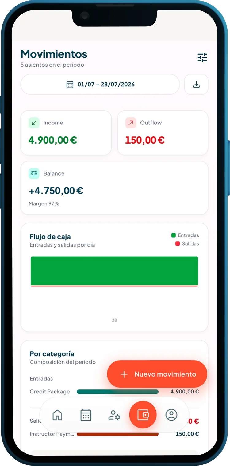Movimientos de la escuela con entradas, salidas y saldo